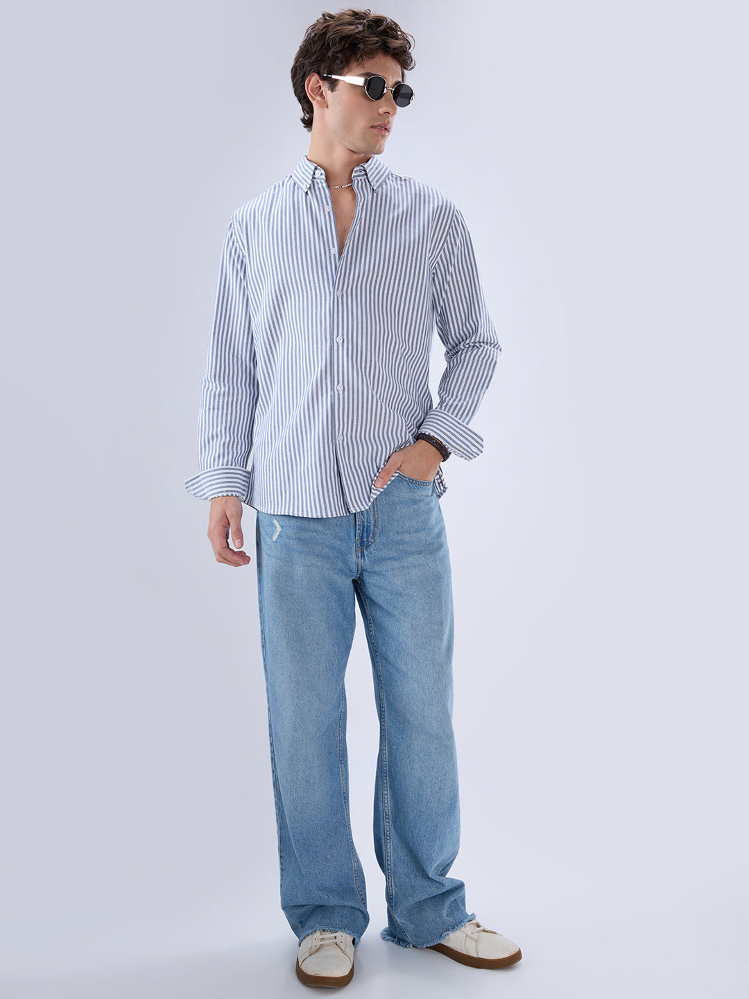Navy Oxford Vertical Striped Button Down Collar Shirt