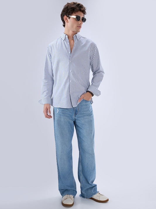 Navy Oxford Vertical Striped Button Down Collar Shirt