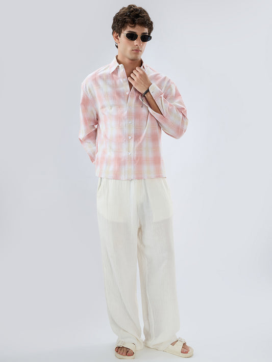 Peachy Pink Textured Checks Weave Linen Blend Boxy Fit Crop Shirt