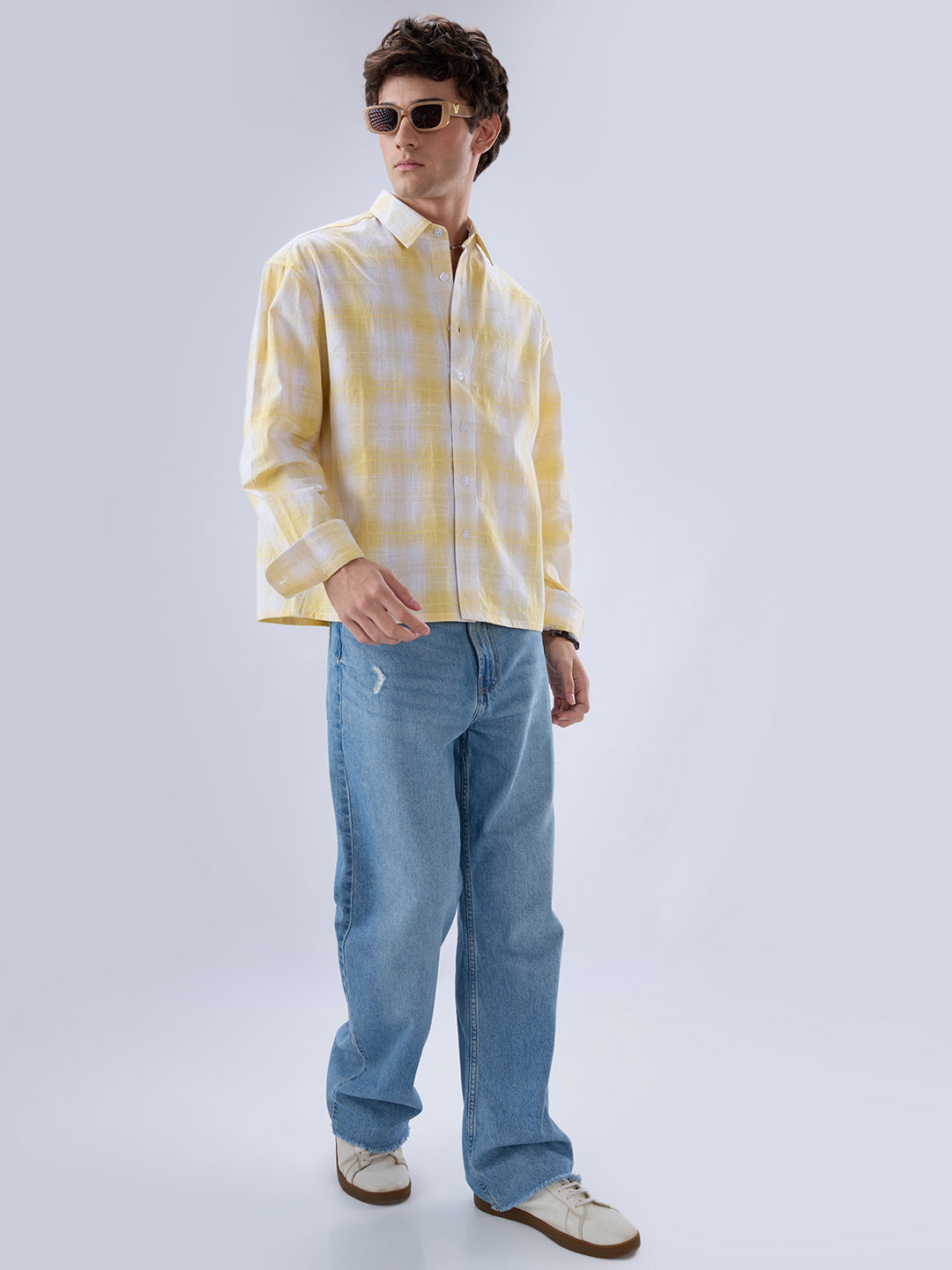 Sun Yellow Slub Grid Checks Boxy Fit Crop Shirt