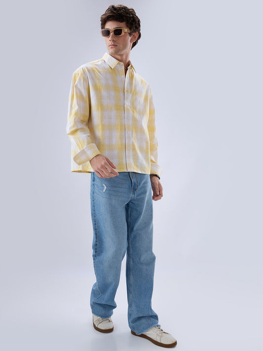 Sun Yellow Slub Grid Checks Boxy Fit Crop Shirt