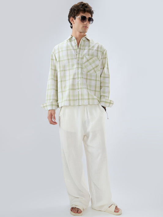 Premium Spring Green Fine Weave Linen Blend Boxy Fit Crop Shirt