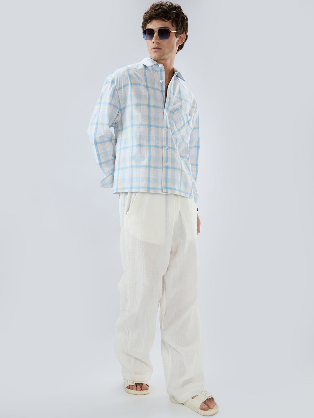 Premium Summer Sky Fine Weave Linen Blend Boxy Fit Crop Shirt