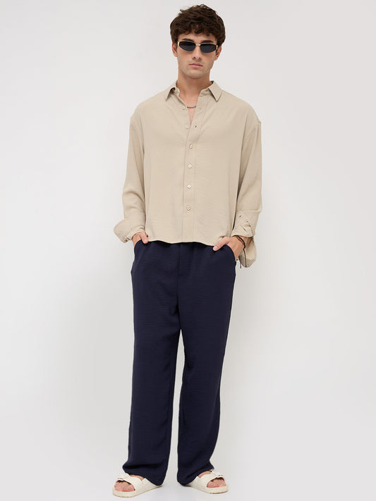 Sand Beige Velour Finish Boxy Fit Crop Shirt