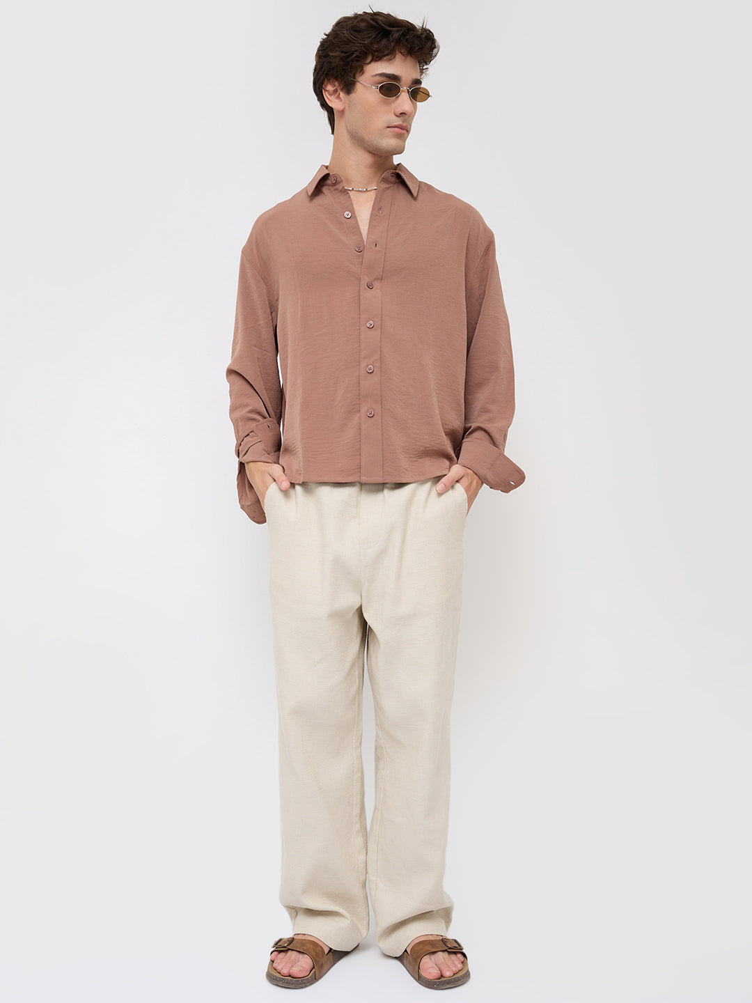 Luxe Russet Brown Ultra Soft Crinkled Boxy Fit Crop Shirt