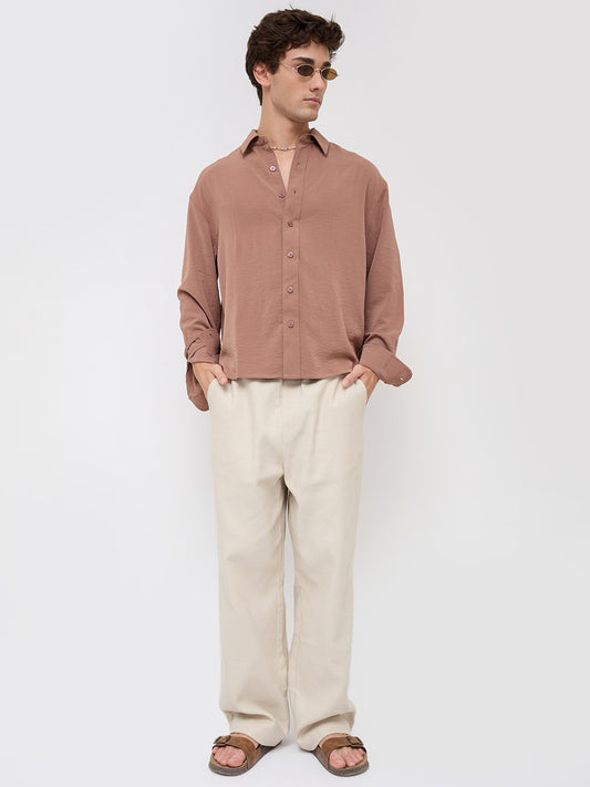 Luxe Russet Brown Ultra Soft Crinkled Boxy Fit Crop Shirt