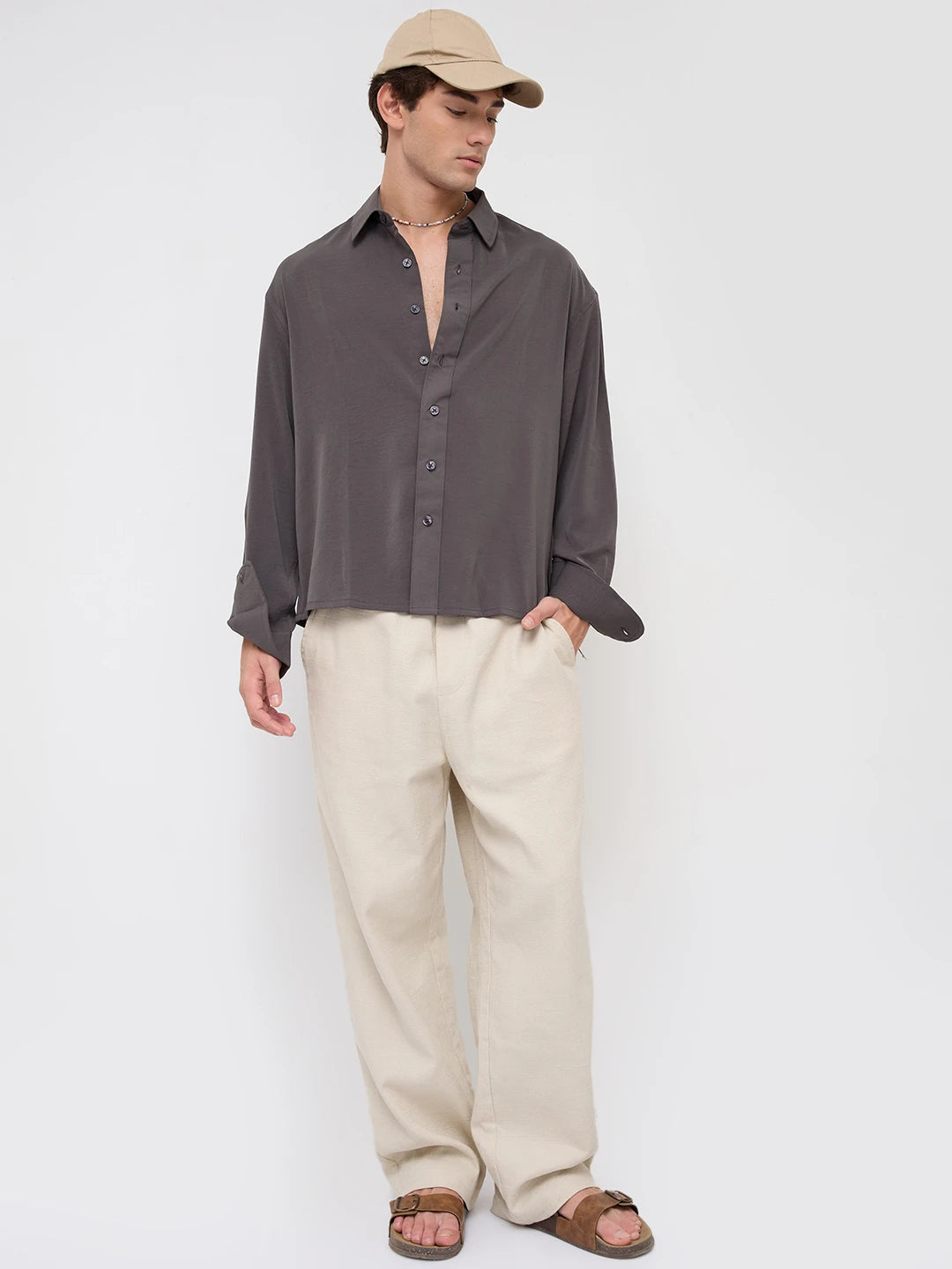 Luxe Charcoal Grey Ultra Soft Boxy Fit Crop Shirt
