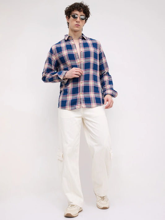 Denim Blue & Red Tartan Checked Shirt