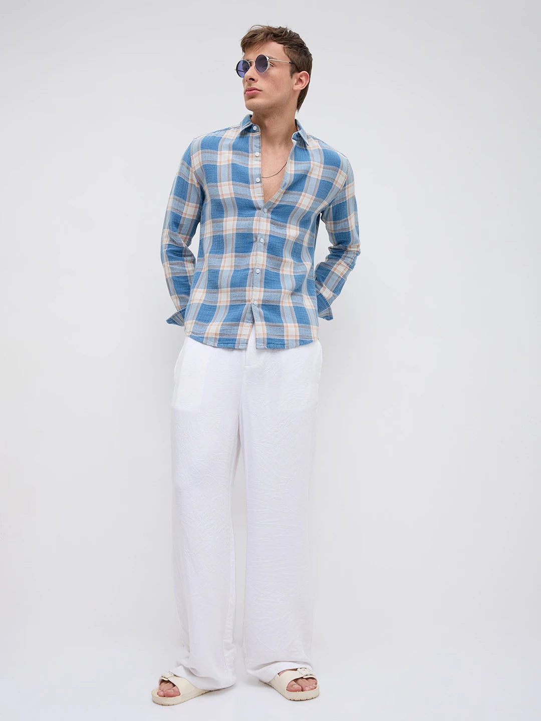 Denim Blue & Beige Tartan Checked Shirt