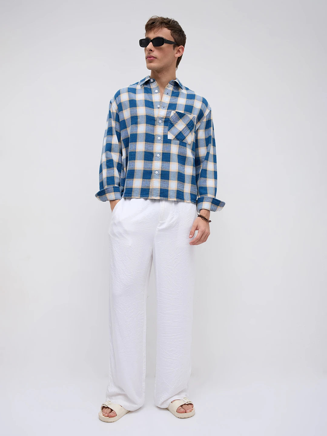 Denim Blue & Beige Box Checks Boxy Fit Crop Shirt