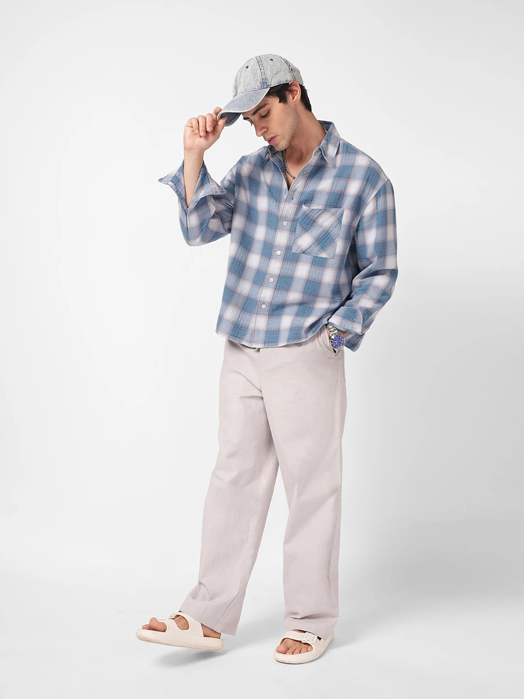 Denim Blue Block Checks Boxy Fit Crop Shirt