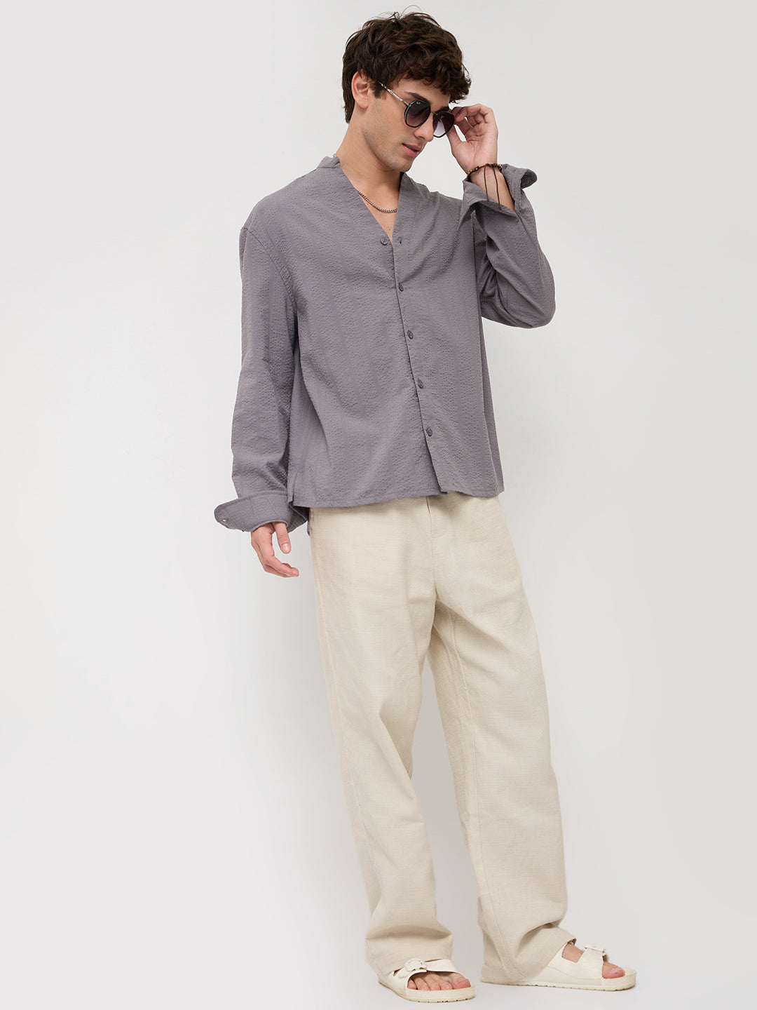 Grey Seersucker Striped Stand Collar Oversized Shirt