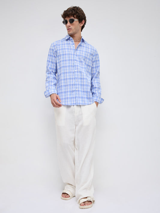 Classic Blue & White Balanced Seersucker Checks Shirt