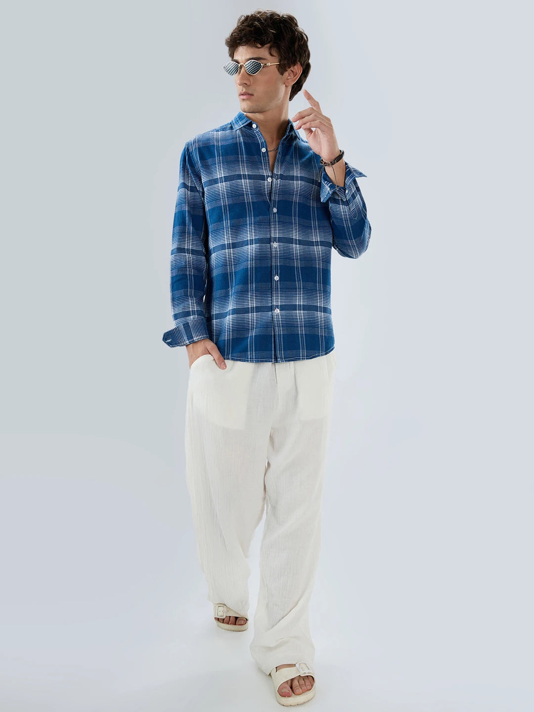 Denim Blue & White Horizontal Stripe Checked Shirt