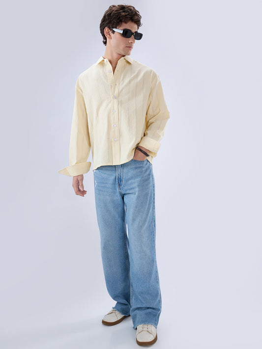 Lemon Yellow Seersucker Striped Boxy Fit Crop Shirt