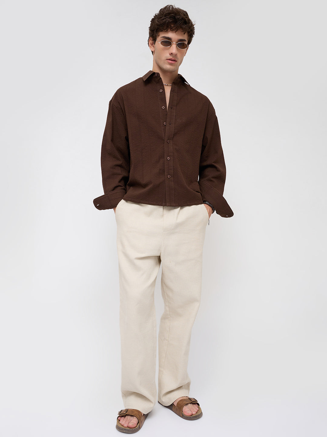 Espresso Brown Seersucker Boxy Fit Crop Shirt