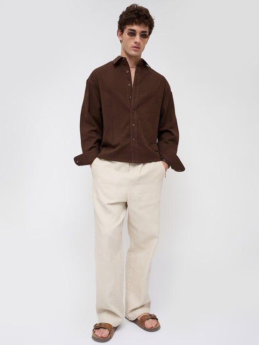 Espresso Brown Seersucker Boxy Fit Crop Shirt