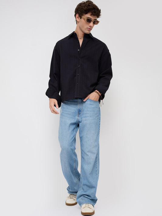 Black Seersucker Striped Boxy Fit Crop Shirt