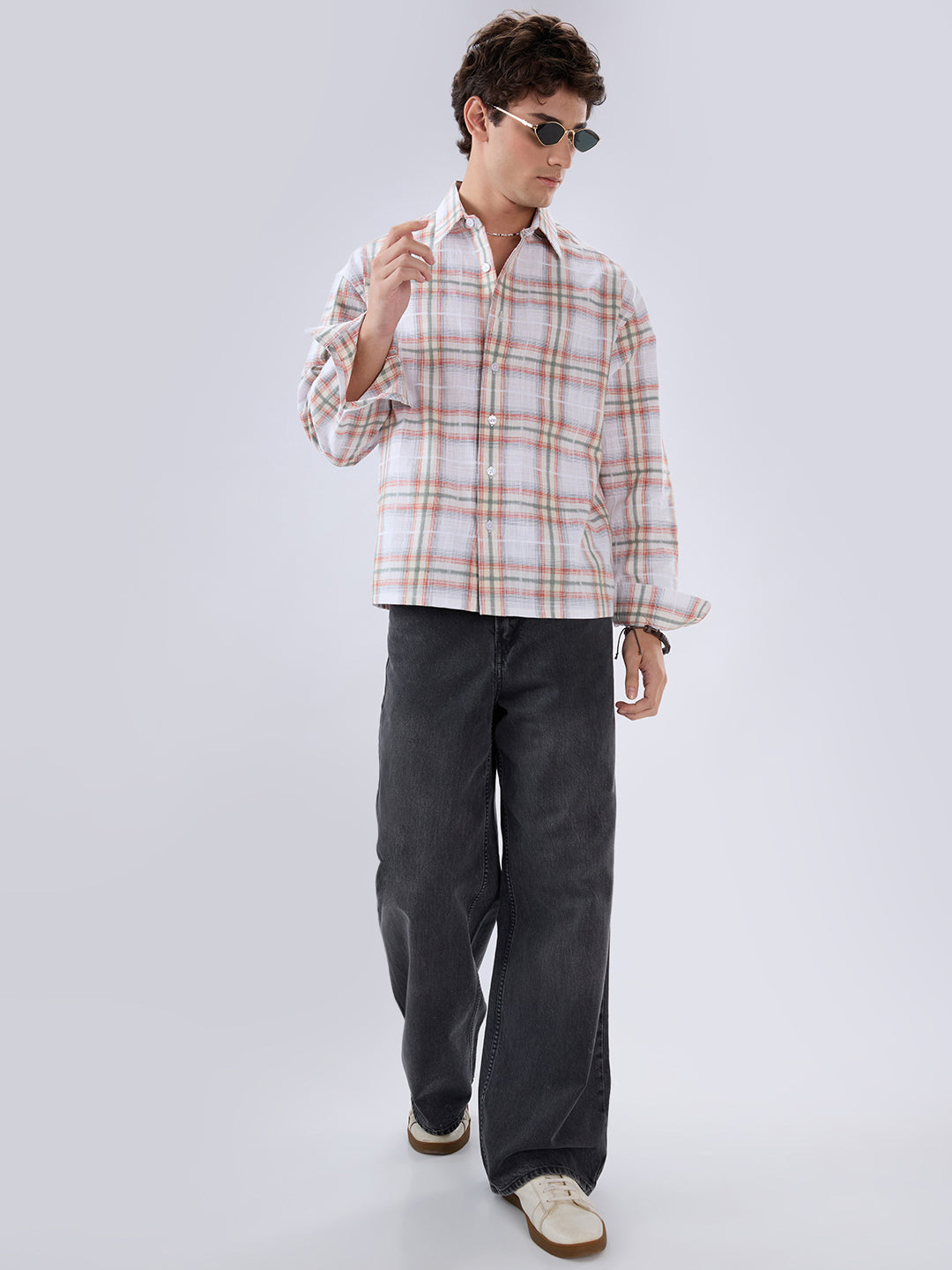 Crimson Thread Plaid Textured Checks Boxy Fit Crop Shirt