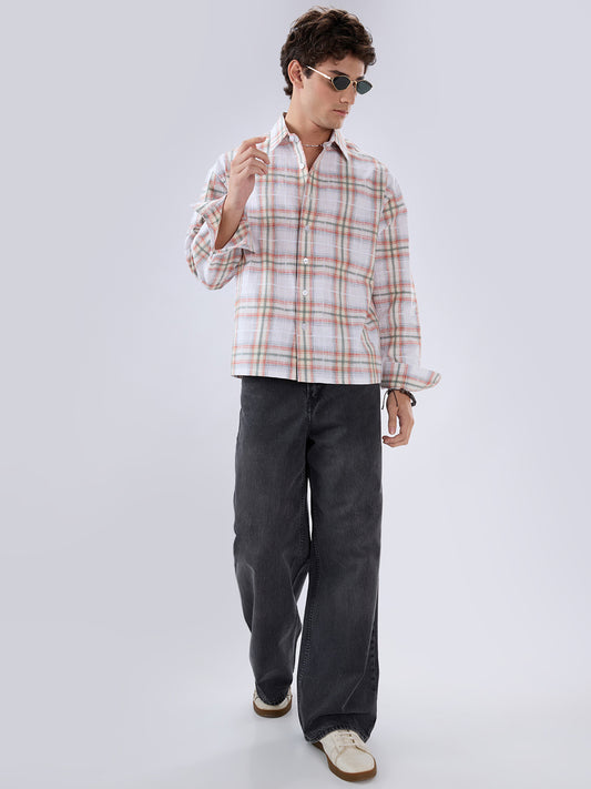 Crimson Thread Plaid Textured Checks Boxy Fit Crop Shirt