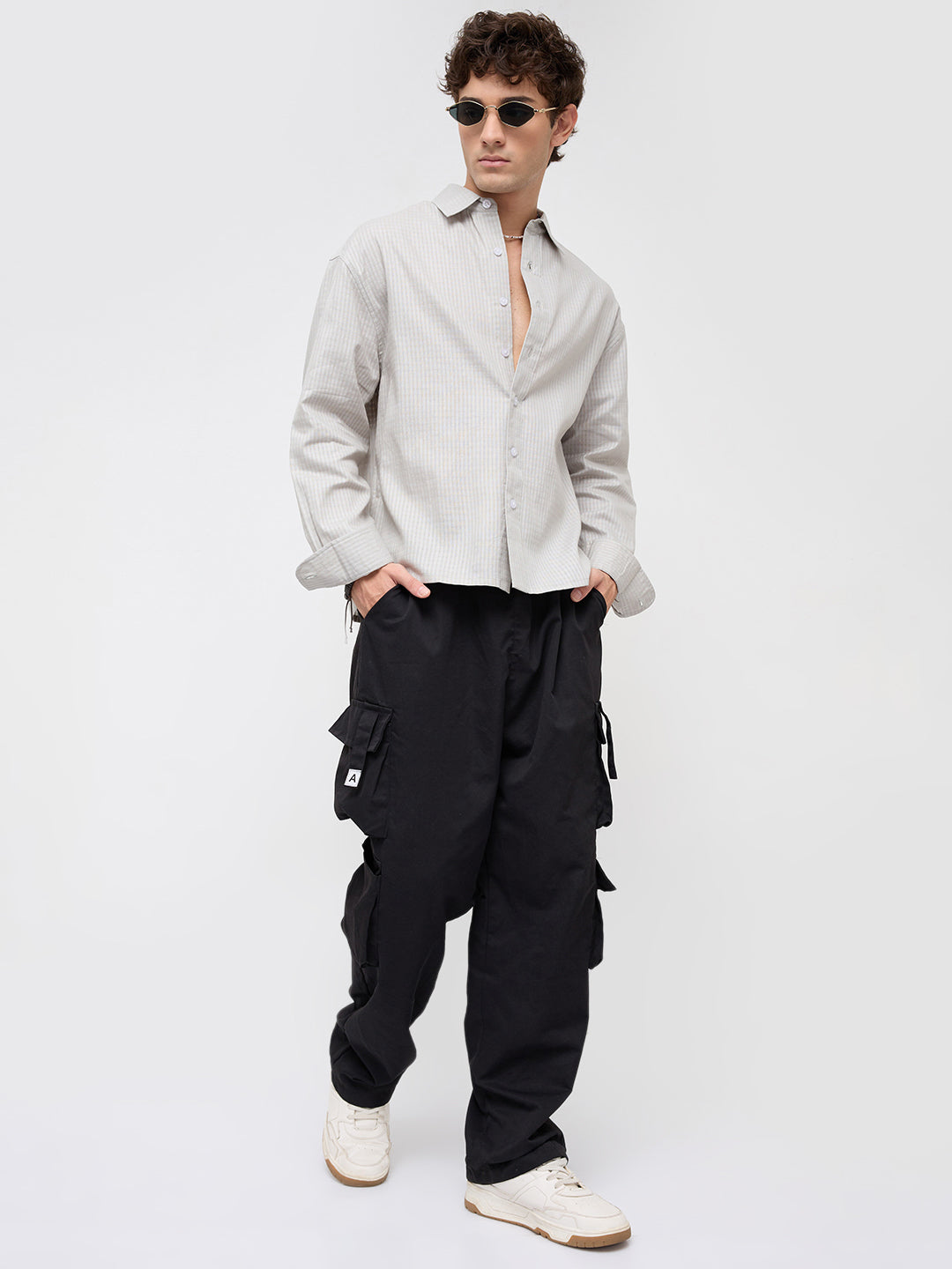 Misty Grey Fine Grid Weave Boxy Fit Crop Shirt