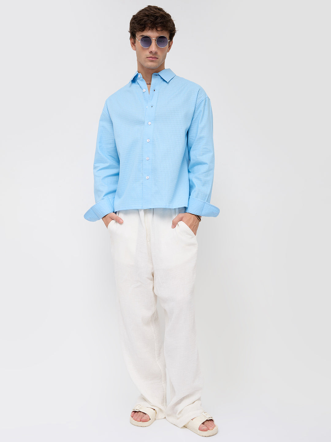 Baby Blue Textured Fine Grid Weave Boxy Fit Crop Shirt