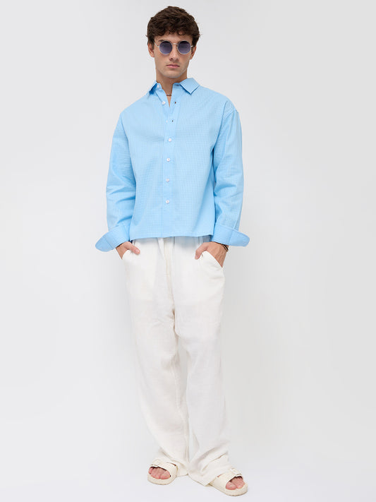 Baby Blue Textured Fine Grid Weave Boxy Fit Crop Shirt