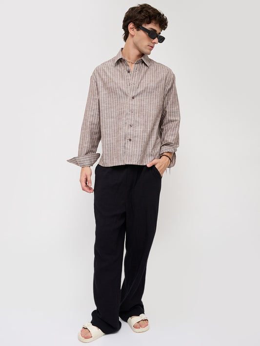 Brown & Ivory Striped Boxy Fit Crop Shirt