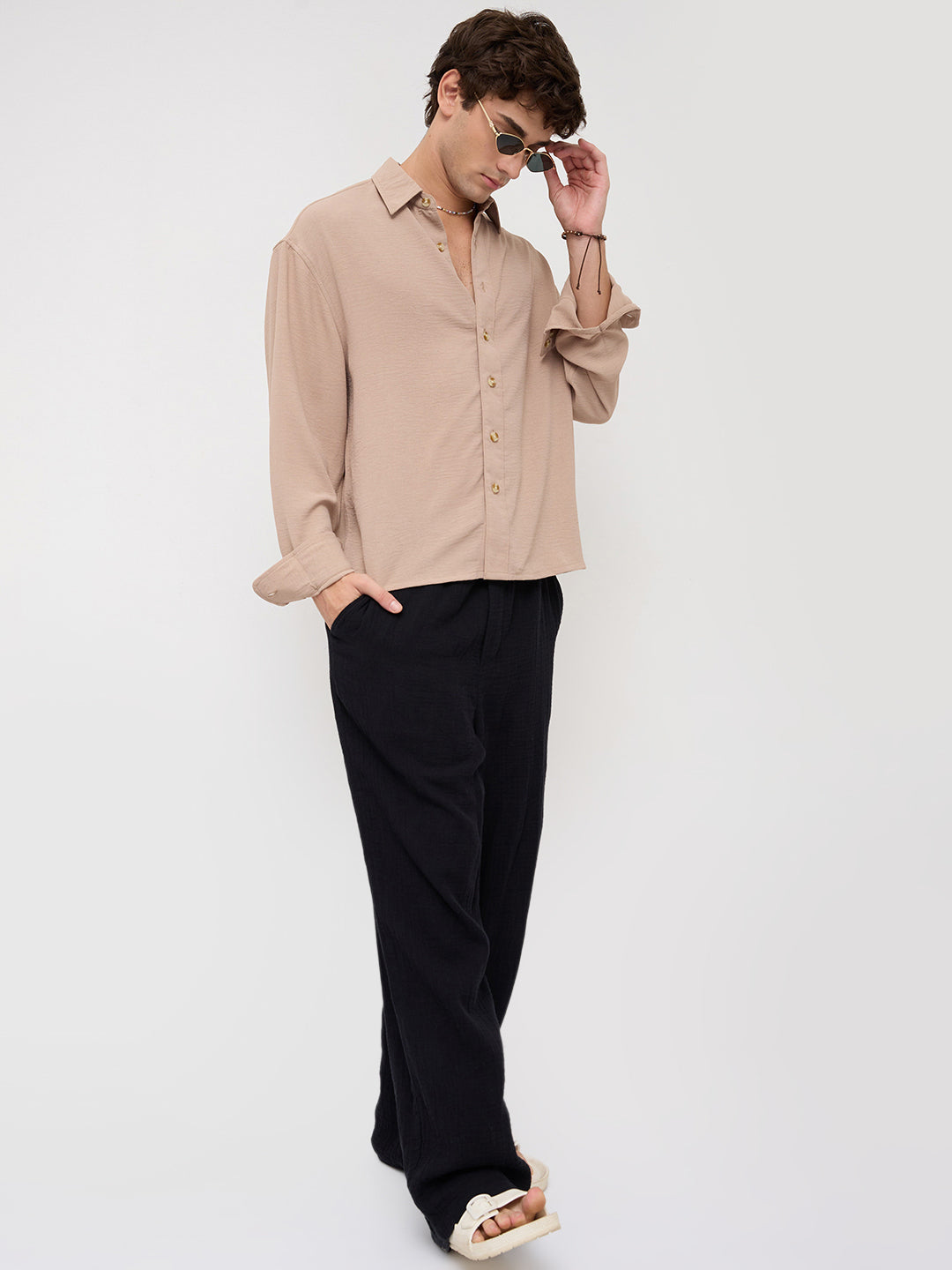 Soft Khaki Lightweight Crinkled Boxy Fit Crop Shirt