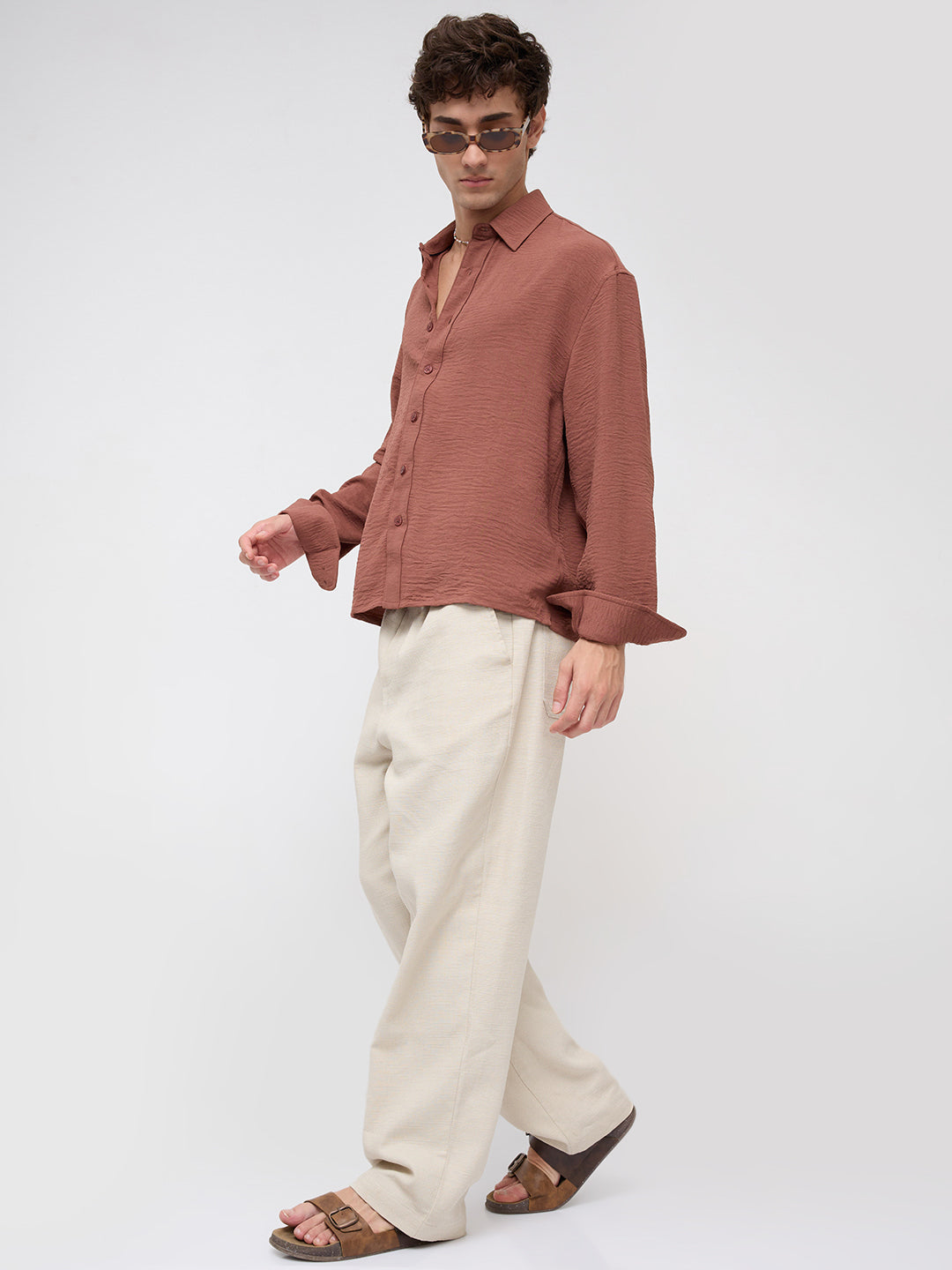 Russet Brown Crinkled Boxy Fit Crop Shirt
