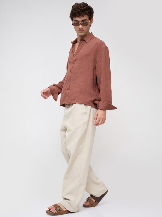 Russet Brown Crinkled Boxy Fit Crop Shirt