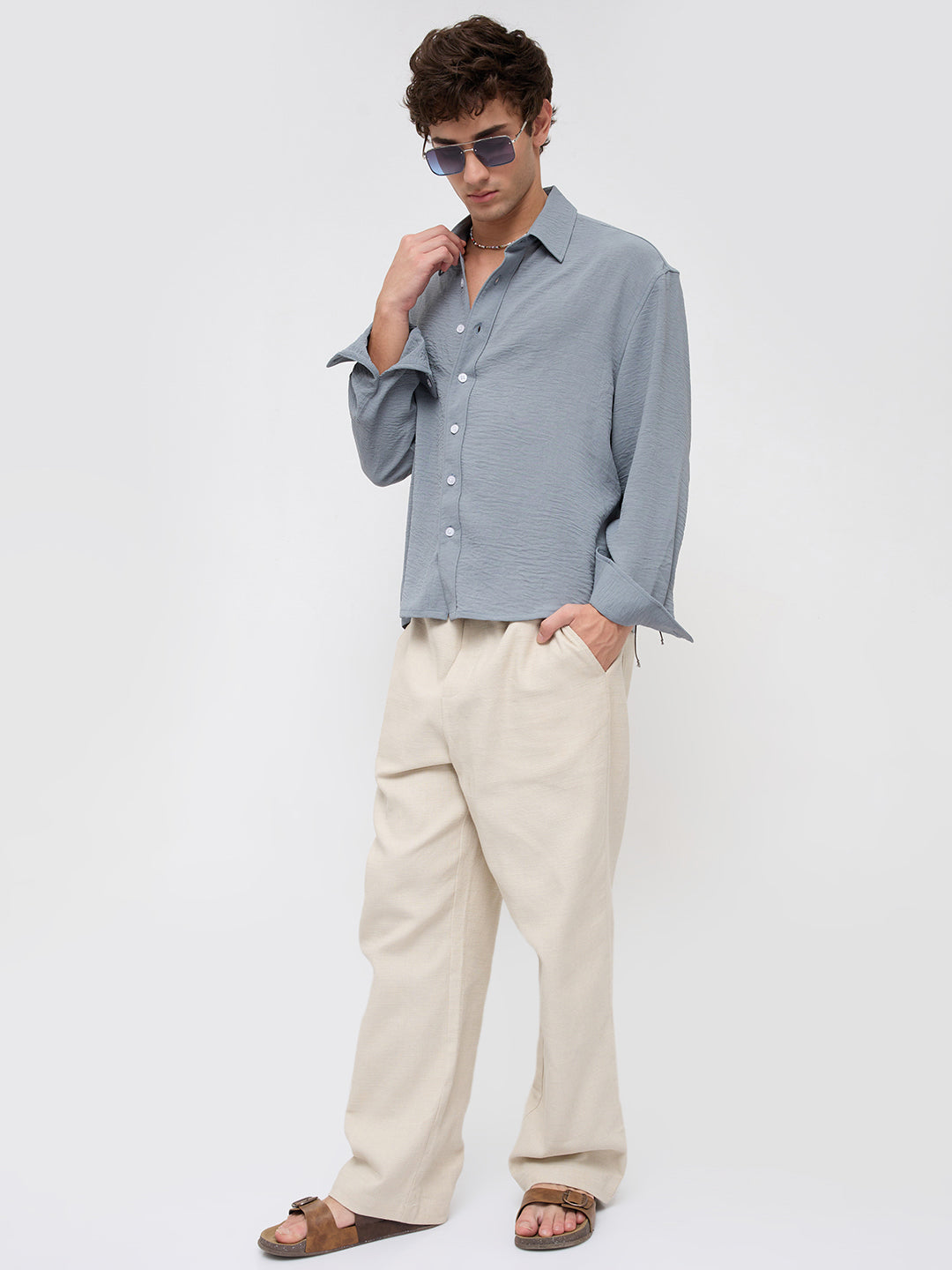 Plush Steel Grey Lightweight Crinkled Boxy Fit Crop Shirt