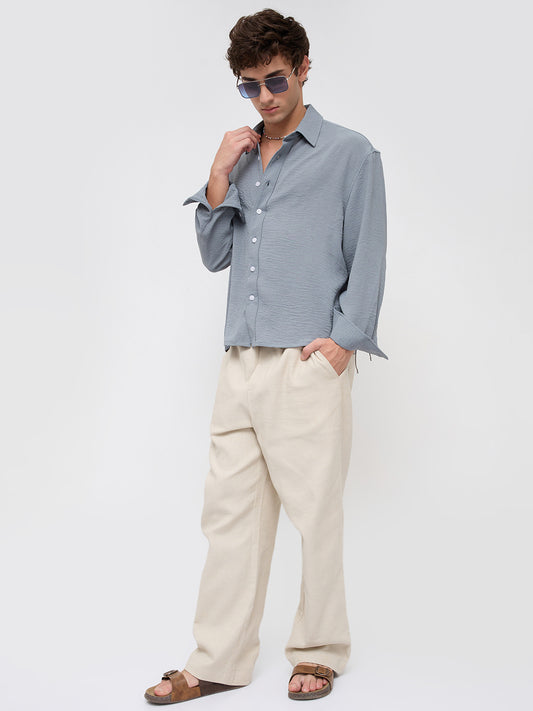 Plush Steel Grey Lightweight Crinkled Boxy Fit Crop Shirt