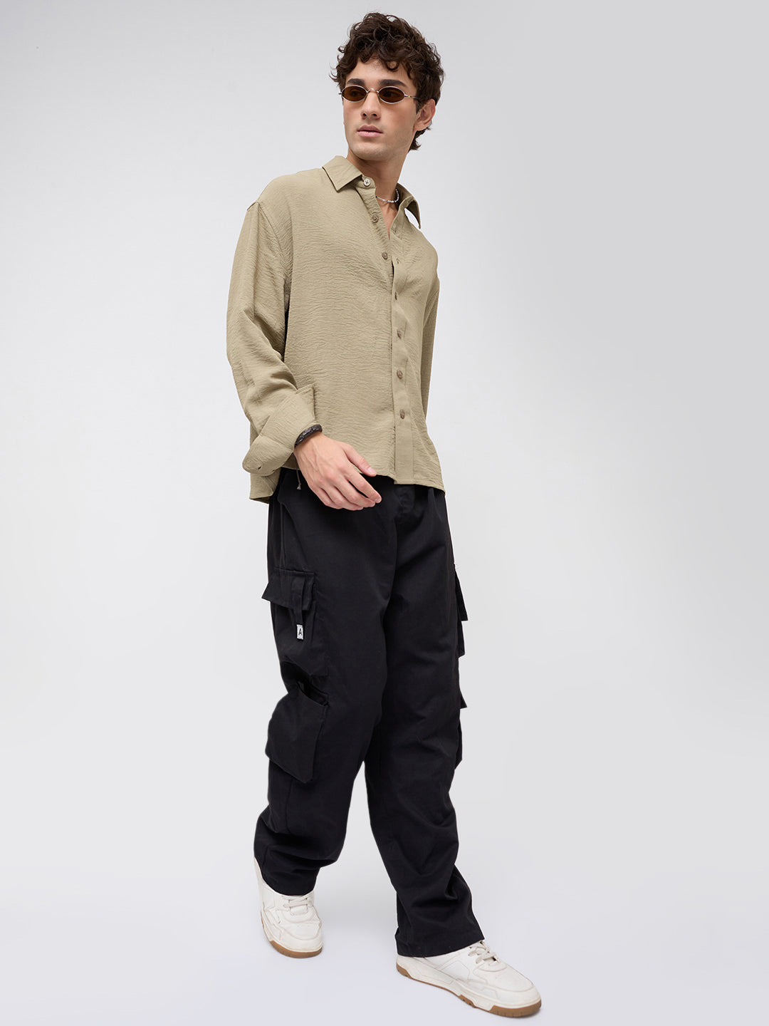 Plush Olive Lightweight Crinkled Boxy Fit Crop Shirt