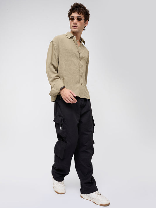 Plush Olive Lightweight Crinkled Boxy Fit Crop Shirt
