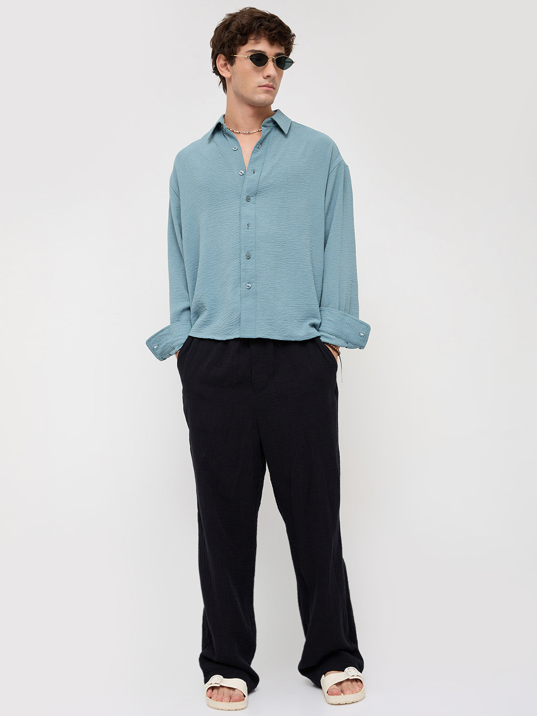 Plush AirForce Blue Lightweight Crinkled Boxy Fit Crop Shirt