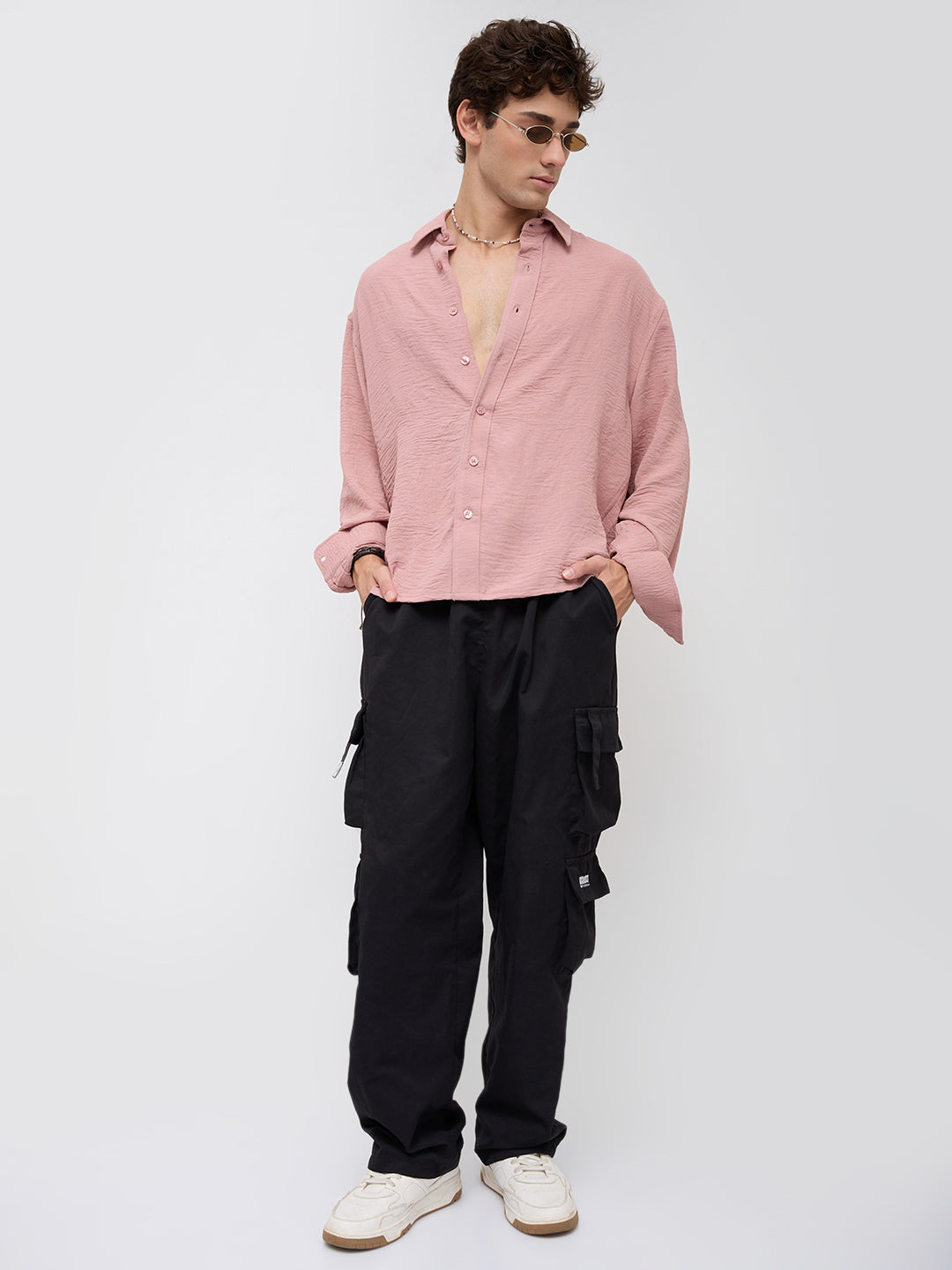 Trendy Spanish Pink Lightweight Crinkled Boxy Fit Crop Shirt