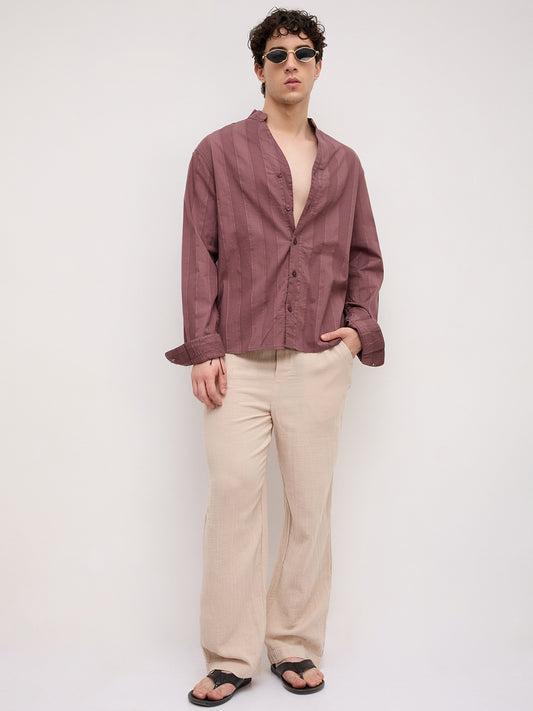 Deep Mauve Panel Textured Stand Collar Oversized Shirt