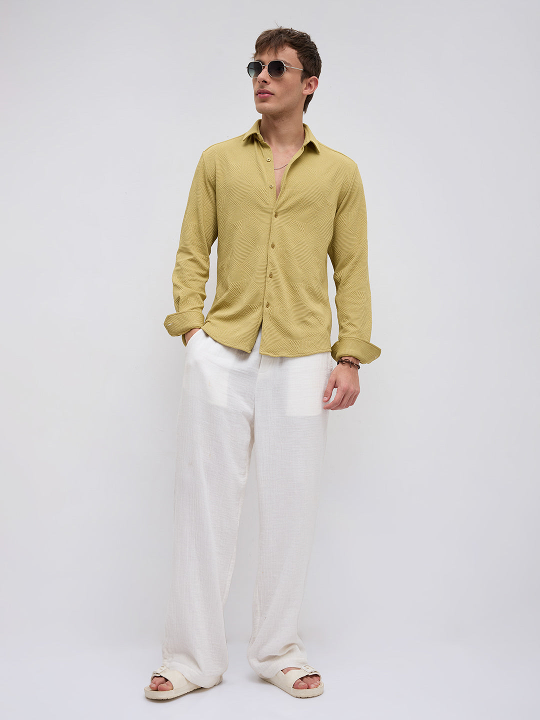 Sunlit Mustard Maze Textured Knitted Shirt