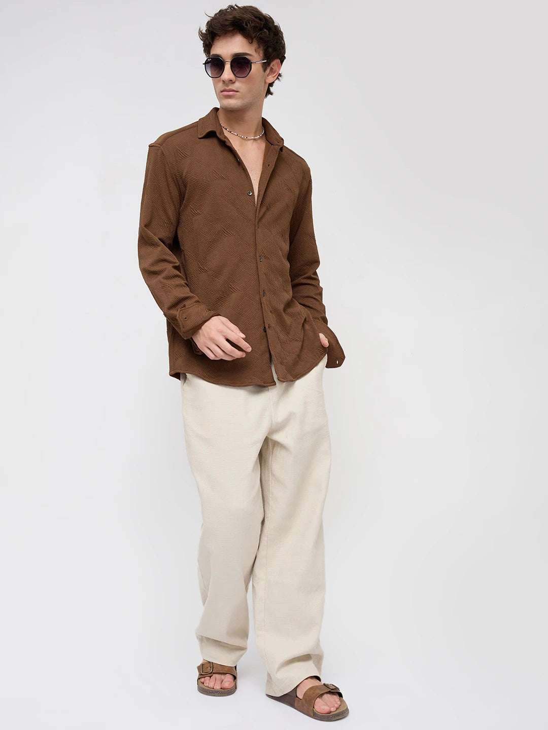 Refined Brown Maze Textured Knitted Shirt