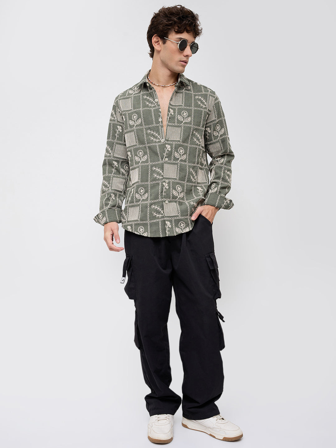 Olive Artisan Frame Embroidered Slub Shirt