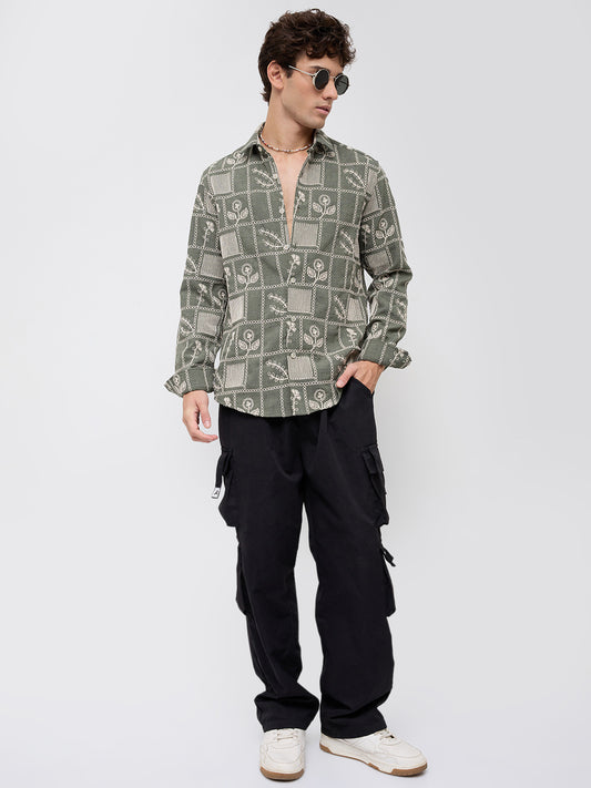Olive Artisan Frame Embroidered Slub Shirt