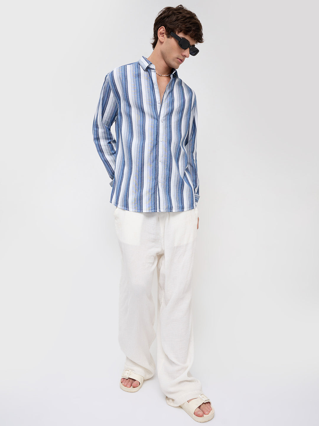 Coastal Denim Vertical Striped Vacation Shirt