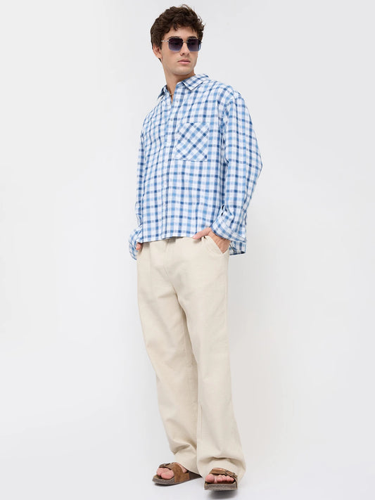 Denim Marine Ivory Interlock Framed Check Boxy Fit Crop Shirt