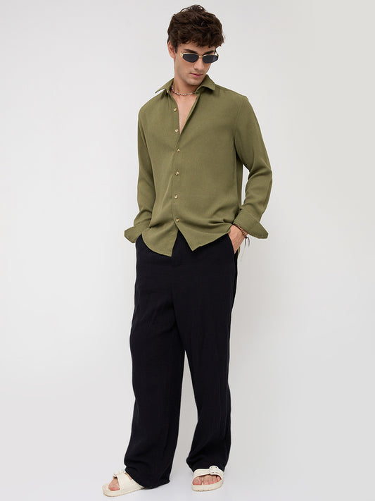 Crushed Olive Textured Crepe Shirt