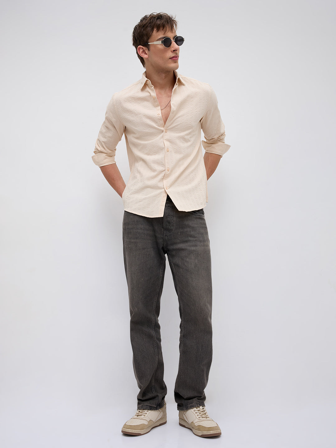 Bisque Beige Seersucker Striped Shirt