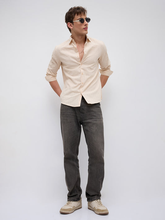 Bisque Beige Seersucker Striped Shirt