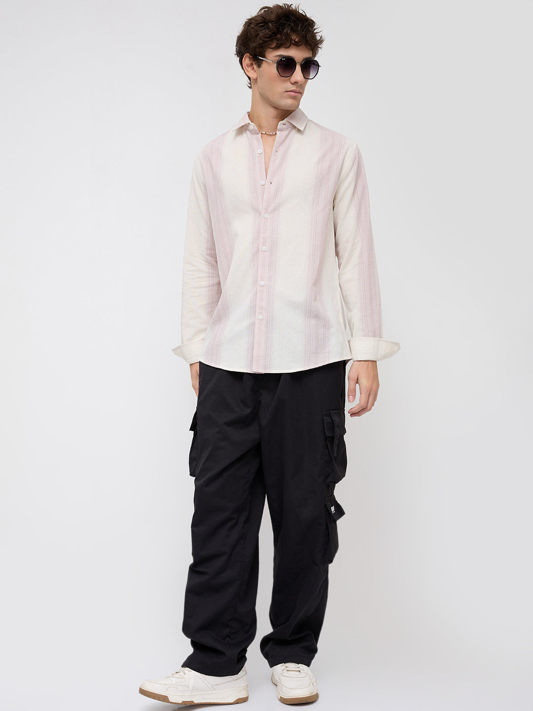 Luxe Misty Pink Refined Striped Linen Blend Shirt