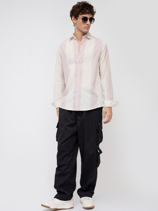 Luxe Misty Pink Refined Striped Linen Blend Shirt