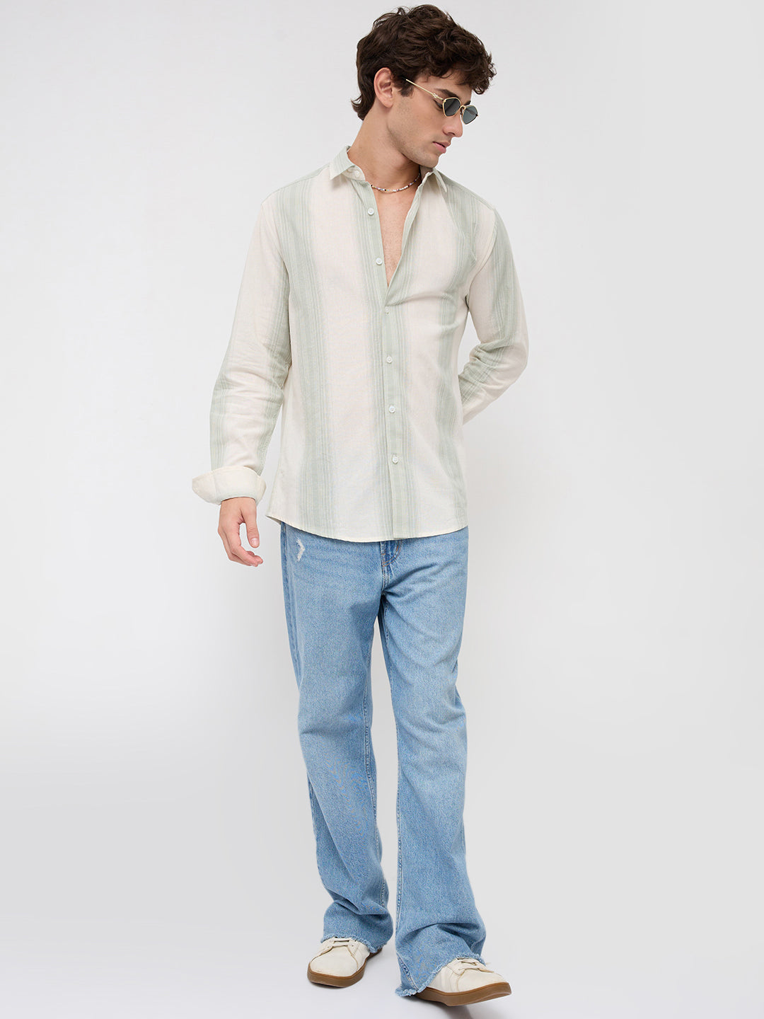 Luxe Sage Green Refined Striped Linen Blend Shirt